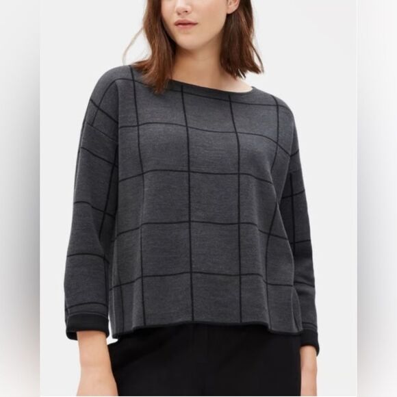 Eileen Fisher Windowpane Extra Fine Merino Wool Top - Picture 7 of 7